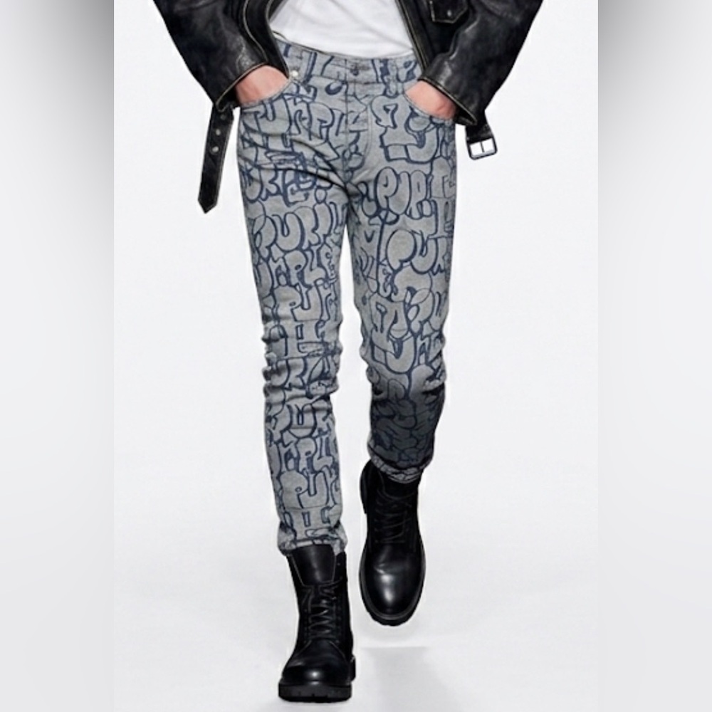 Purple Brand P001 Slim Fit All Over Logo Jacquard Blue‎ Denim Jeans Mens